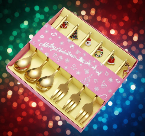Christmas Gold Spoon & Fork Set – 6 Pcs