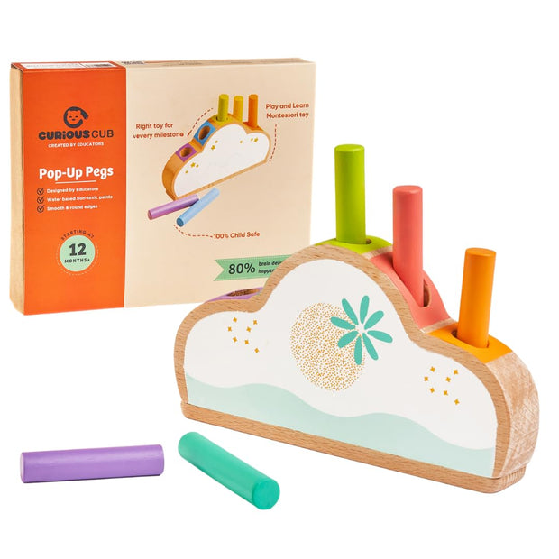 Curious Cub Pop Up Pegs | Montessori Wooden Pop-Up Peg Toy (12 Months +)