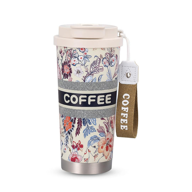 Designer Floral Coffee Mug with Straw & Flip Lid – 500ml - The Write Stuff