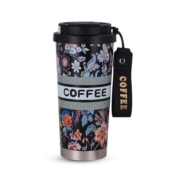 Designer Floral Coffee Mug with Straw & Flip Lid – 500ml - The Write Stuff