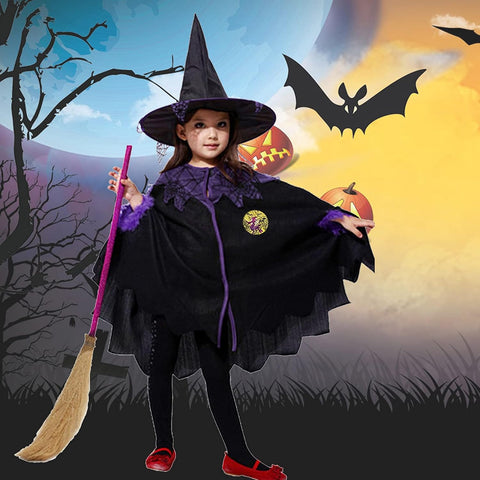 Halloween Little Witch Costume Dress for Kids with Hat – Spooky Halloween Party Outfit