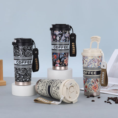 Designer Floral Coffee Mug with Straw & Flip Lid – 500ml - The Write Stuff
