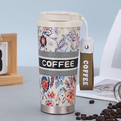 Designer Floral Coffee Mug with Straw & Flip Lid – 500ml - The Write Stuff
