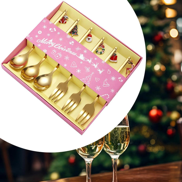 Christmas Gold Spoon & Fork Set – 6 Pcs