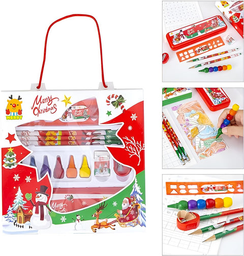 Christmas Stationery Set For Kids - Ruler , Pencil Box , Wooden Pencil , Color Crayons , Eraser , Sharpener