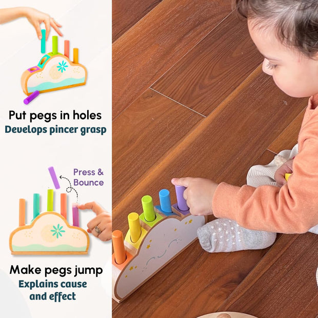Curious Cub Pop Up Pegs | Montessori Wooden Pop-Up Peg Toy (12 Months +)