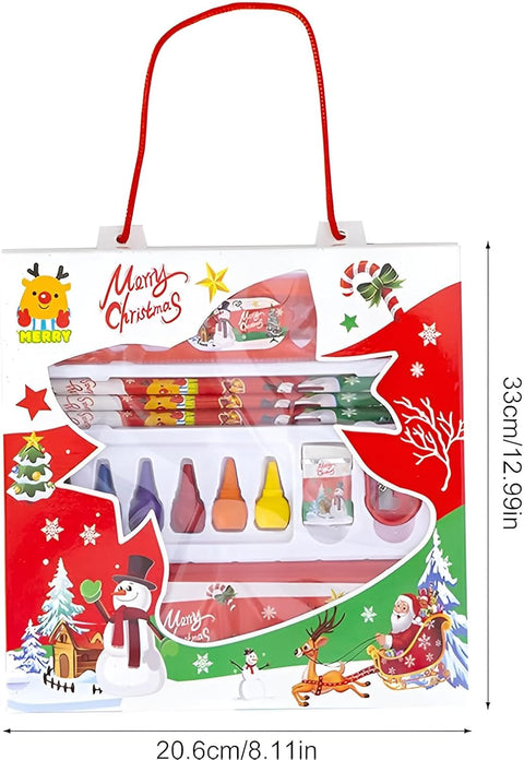 Christmas Stationery Set For Kids - Ruler , Pencil Box , Wooden Pencil , Color Crayons , Eraser , Sharpener