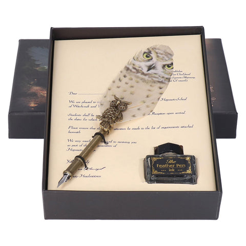 THE WIZARD WORLD- Owl Embossed  Feather Dip Pen with ink