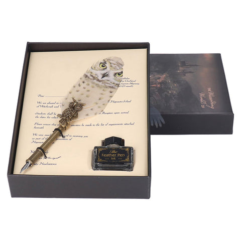 THE WIZARD WORLD- Owl Embossed  Feather Dip Pen with ink