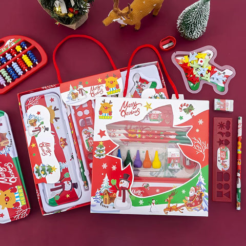 Christmas Stationery Set For Kids - Ruler , Pencil Box , Wooden Pencil , Color Crayons , Eraser , Sharpener