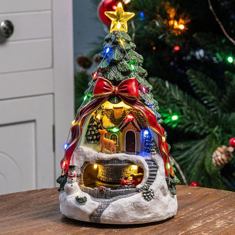 Christmas Tree LED House Figurine with Bow & Deer Scene - The Write Stuff