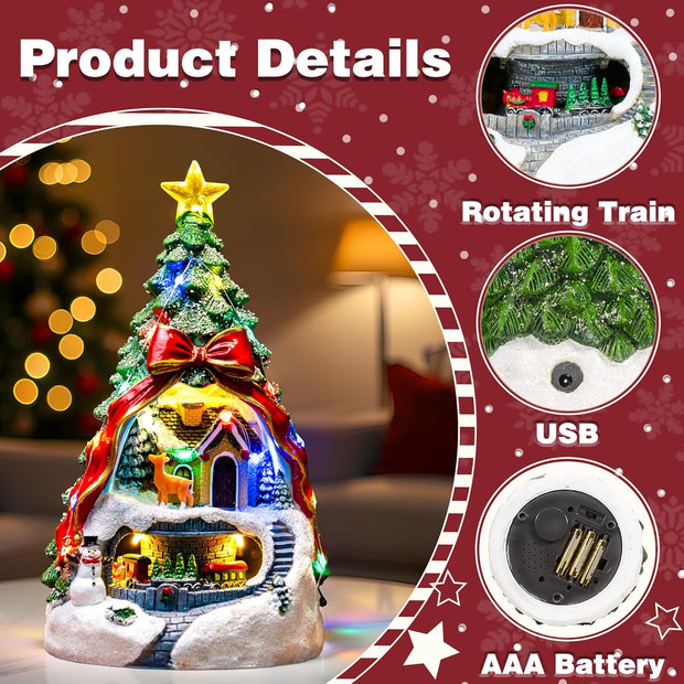 Christmas Tree LED House Figurine with Bow & Deer Scene - The Write Stuff