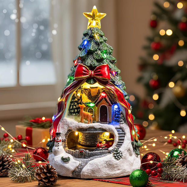 Christmas Tree LED House Figurine with Bow & Deer Scene - The Write Stuff