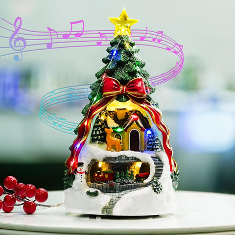 Christmas Tree LED House Figurine with Bow & Deer Scene - The Write Stuff