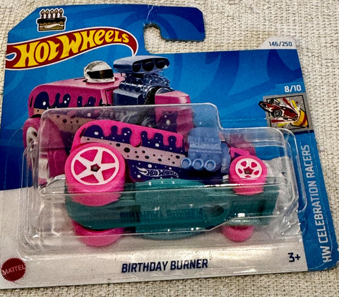 Hot Wheels Birthday Burner | HW Celebration Racers 8/10 | Pink & Teal Die-Cast Car - The Write Stuff