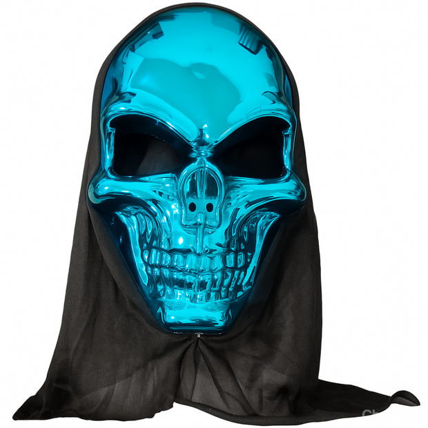Halloween Metallic Teal Skull Halloween Mask with Black Hood