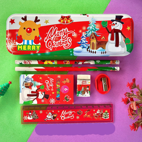 Christmas Stationery Set for Kids | Pencil Box, Pencils, Crayons, Eraser & Sharpener | Holiday Gift & School Supplies