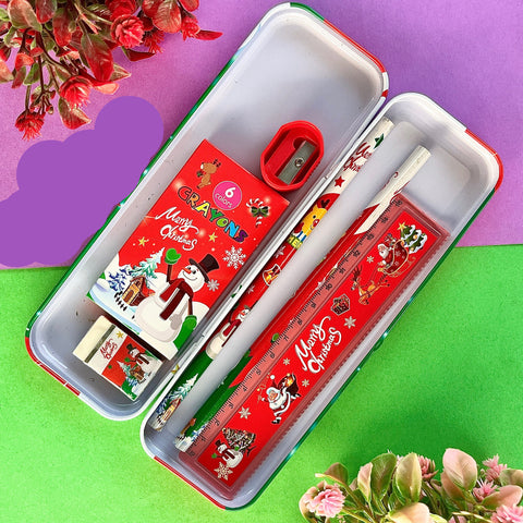 Christmas Stationery Set for Kids | Pencil Box, Pencils, Crayons, Eraser & Sharpener | Holiday Gift & School Supplies