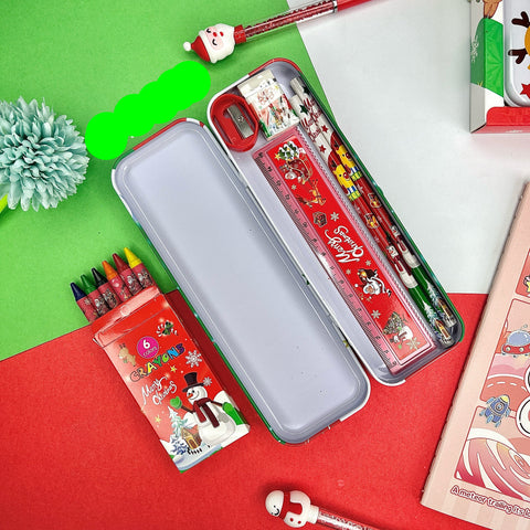 Christmas Stationery Set for Kids | Pencil Box, Pencils, Crayons, Eraser & Sharpener | Holiday Gift & School Supplies