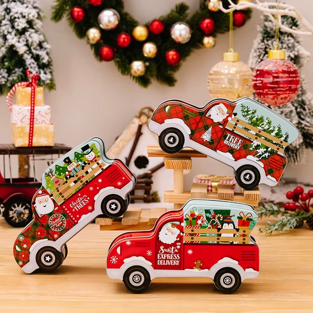 Decorative Christmas trucks on a wooden stand with festive background