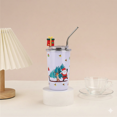 Festive Santa Claus printed tumbler with reusable steel straw
