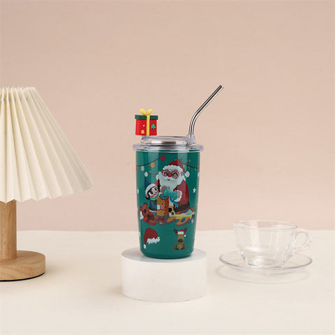 Holiday themed sipper cup with Christmas tree and reindeer graphic