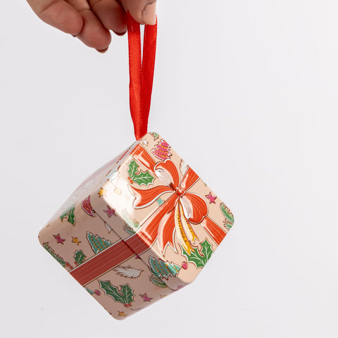 Christmas Hanging Storage Tin Box with Ribbon Loop