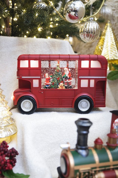 Santa Double Decker Bus Snow Lantern With LED Light