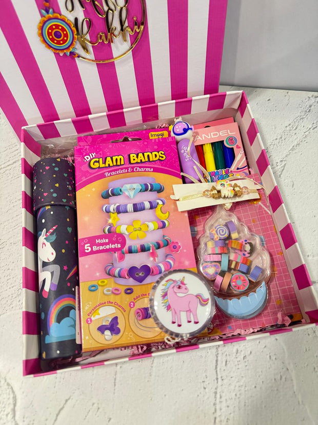 Rakhi Gift Box Hamper for Girls – DIY Art, Toys, Stationery & Unicorn Rakhi - The Write Stuff