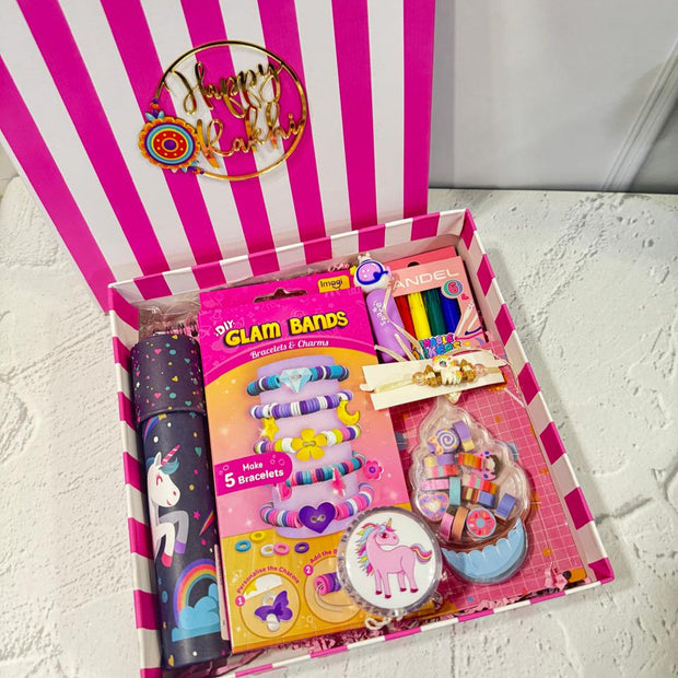 Rakhi Gift Box Hamper for Girls – DIY Art, Toys, Stationery & Unicorn Rakhi - The Write Stuff