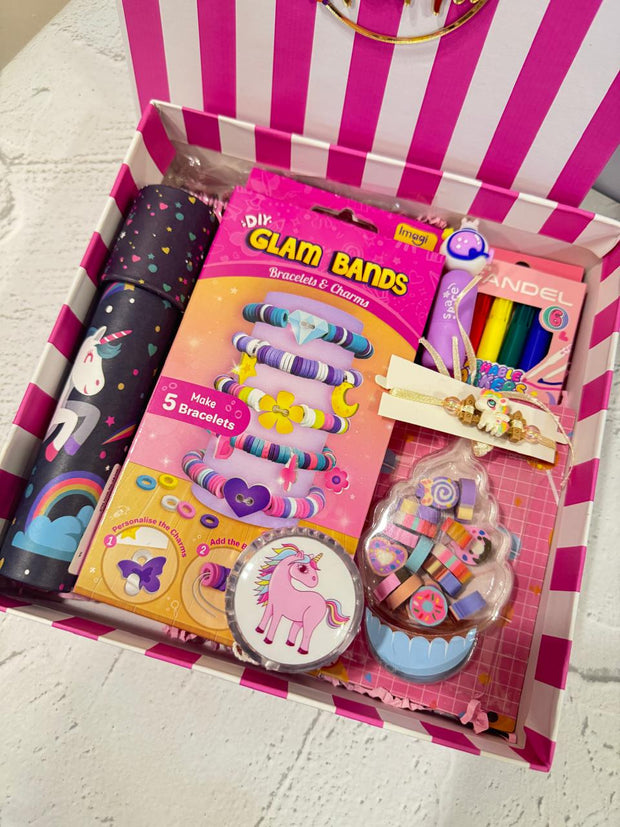 Rakhi Gift Box Hamper for Girls – DIY Art, Toys, Stationery & Unicorn Rakhi - The Write Stuff