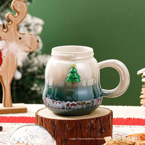 Festive gradient ceramic mugs with snow globe lids in red and green colors