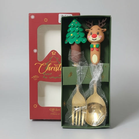 Christmas Theme Reindeer And Tree Spoon and Fork - 2 Pc