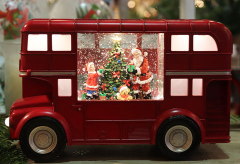 Santa Double Decker Bus Snow Lantern With LED Light