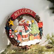 Christmas Wooden Snowman Rattan Ring Wall Hanging