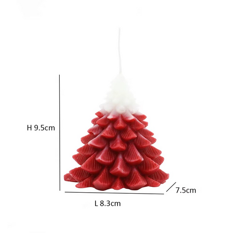 Red Christmas tree-shaped candle with dimensions on a white background