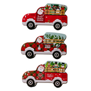 Set of three Christmas-themed red trucks with Santa Claus and holiday decorations on a white background.