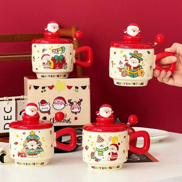 Christmas Ceramic Mug with Santa Lid & Spoon