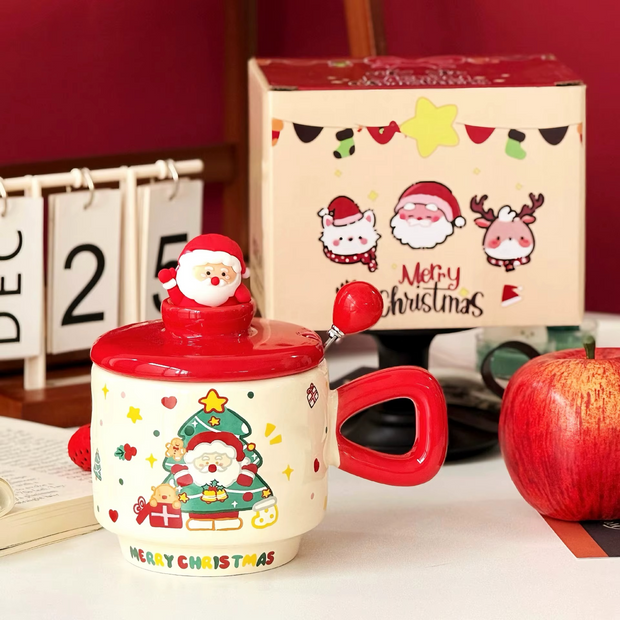"Festive Christmas mug with cartoon Santa print and red handle"