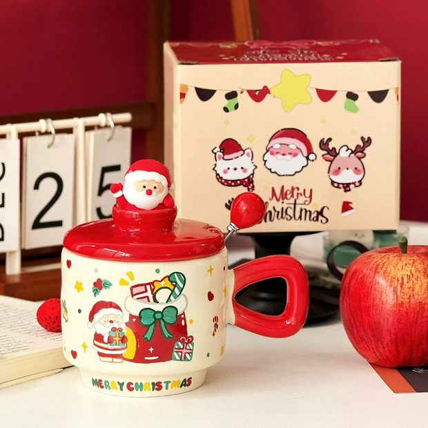 "Christmas ceramic mug with Santa lid and spoon – festive 400ml mug"