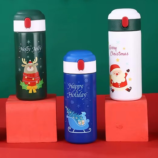 Christmas-themed insulated water bottles with Santa, snowman, reindeer, and holiday designs