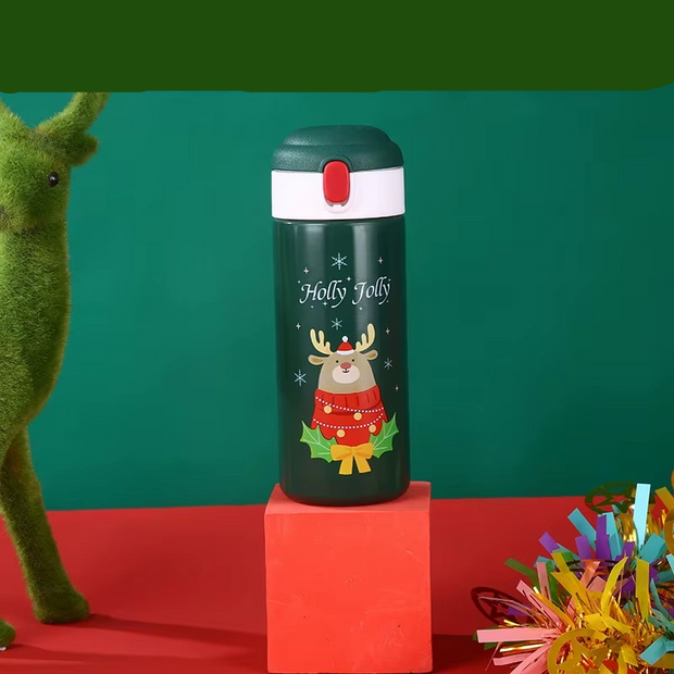 Merry Christmas insulated bottles for kids and adults in red, green, blue, and white colors