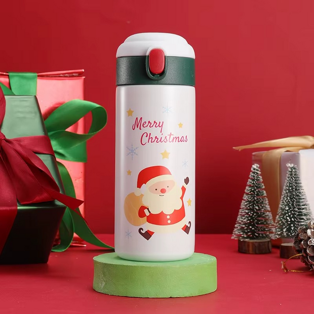 Christmas vacuum flask set featuring Santa, snowman, sleigh, and reindeer prints