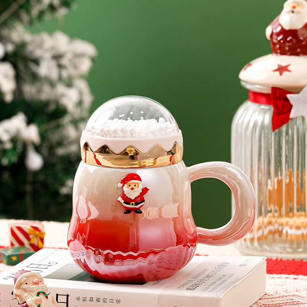 Cute Christmas ceramic mugs with transparent snow globe lids and gold trim