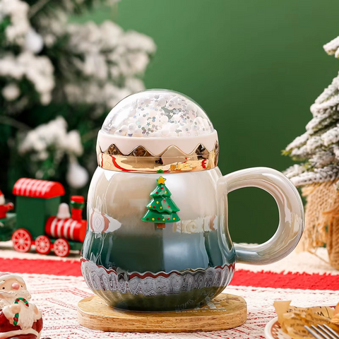 Handheld Christmas snow globe mugs in red and green for gifting