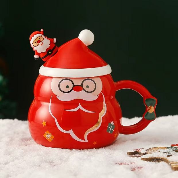 “Snowman and Santa design ceramic mugs with festive prints”