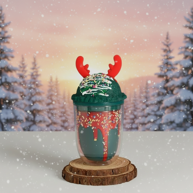 Christmas reindeer milkshake cups with sprinkle dome lids in red, green, and brown colors