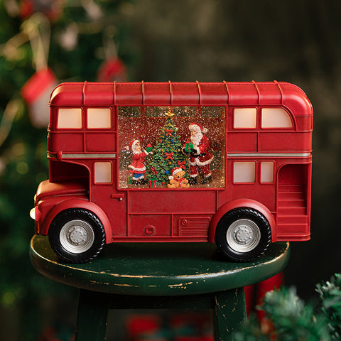 Santa Double Decker Bus Snow Lantern With LED Light