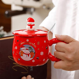 Red-lid Christmas mug withSnowman figure
